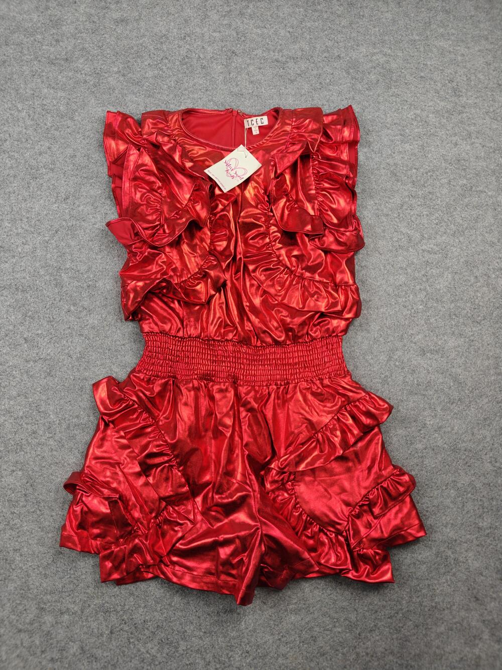 TCEC Romper Womens Small Red One-Piece Ruffle Elastic Waist Party Cocktail